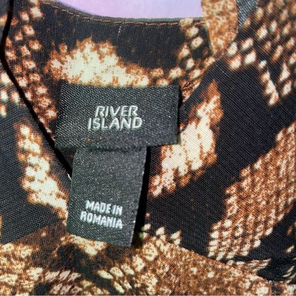River Island Size 12 Snake Print Maxi Dress Brown Double V Ruffle Sundress - Picture 5 of 10